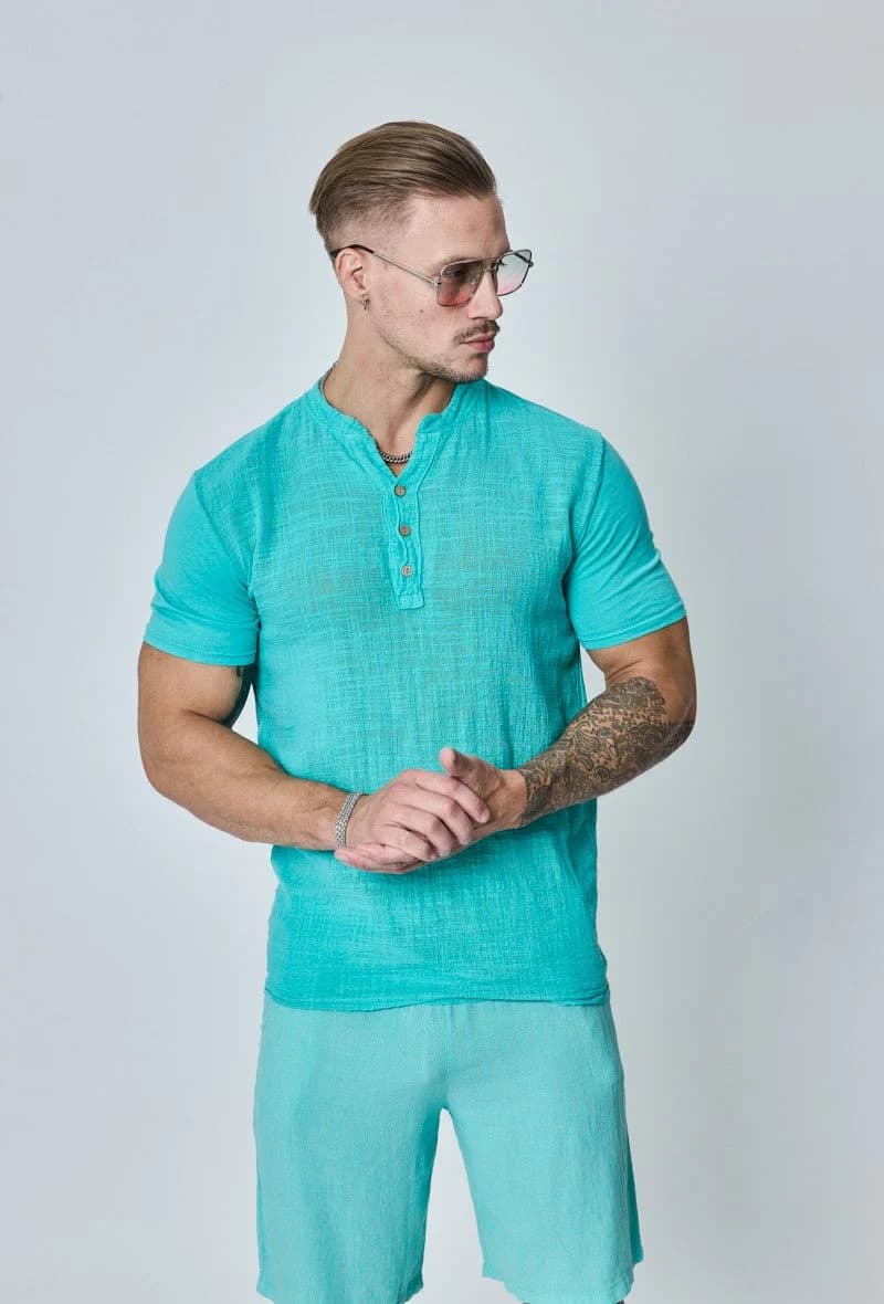 MIZIONA - Linnen Henley Turquoise